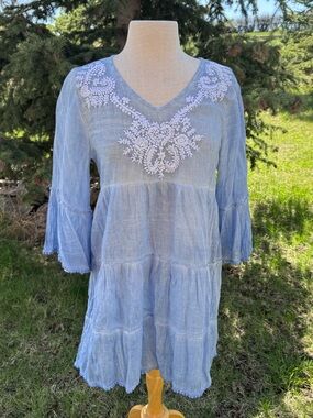 Light Blue Embroidered V-Neck Tunic Top